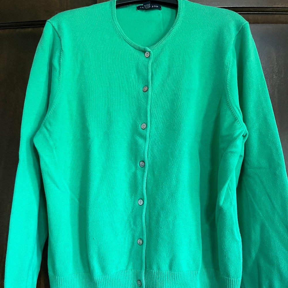 Lands' End Women's Bright Green Crewneck Button Cardigan